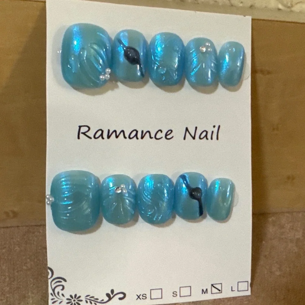 Light Blue Shimmer Press On Toe Nails Pearl Accent Size M Set